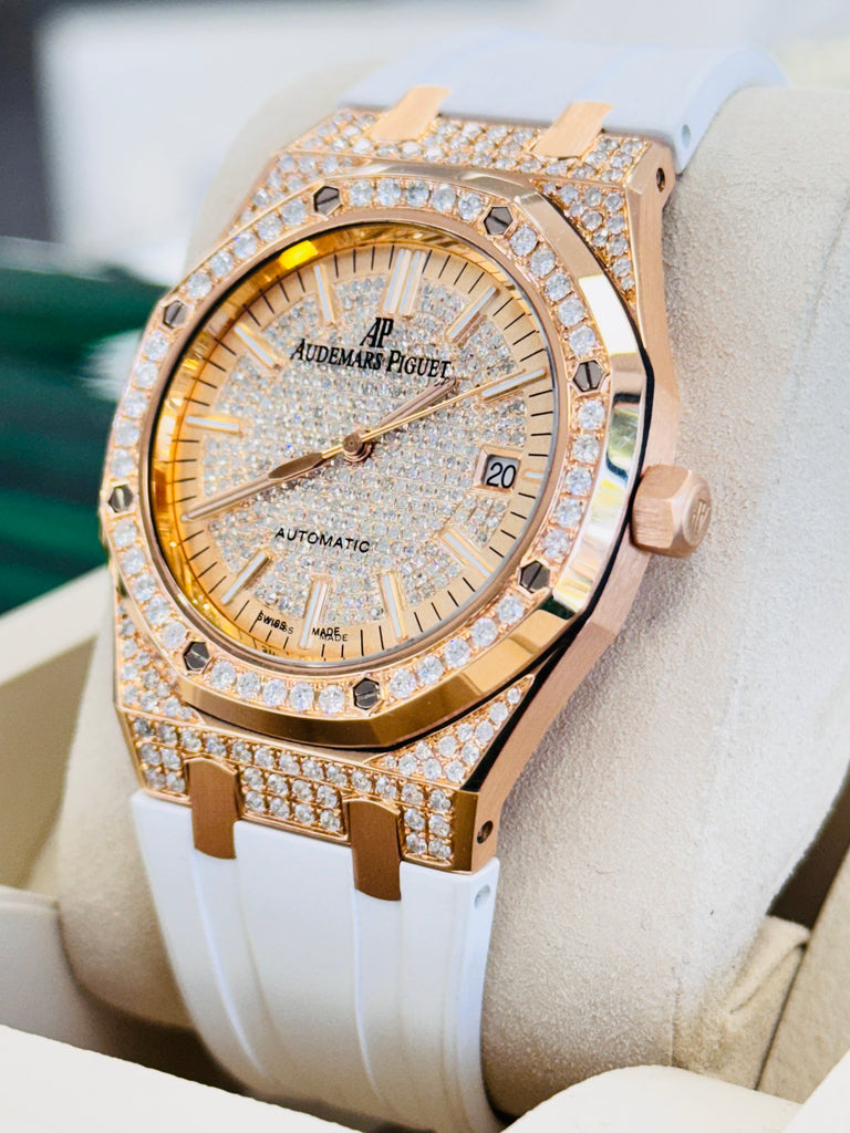 Audemars Piguet Royal Oak 18K Rose Gold Selfwinding 15300OR  Custom Diamond Bezel and Custom Diamond Lug Set MINT - Diamonds East Intl.
