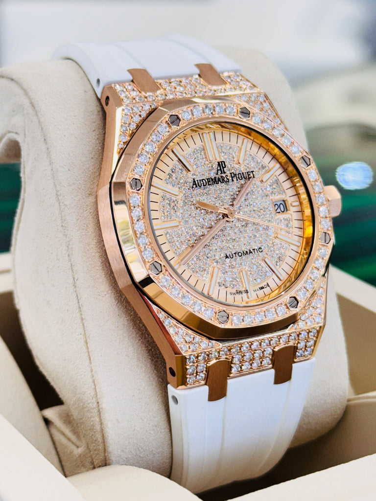 Audemars Piguet Royal Oak 18K Rose Gold Selfwinding 15300OR  Custom Diamond Bezel and Custom Diamond Lug Set MINT - Diamonds East Intl.
