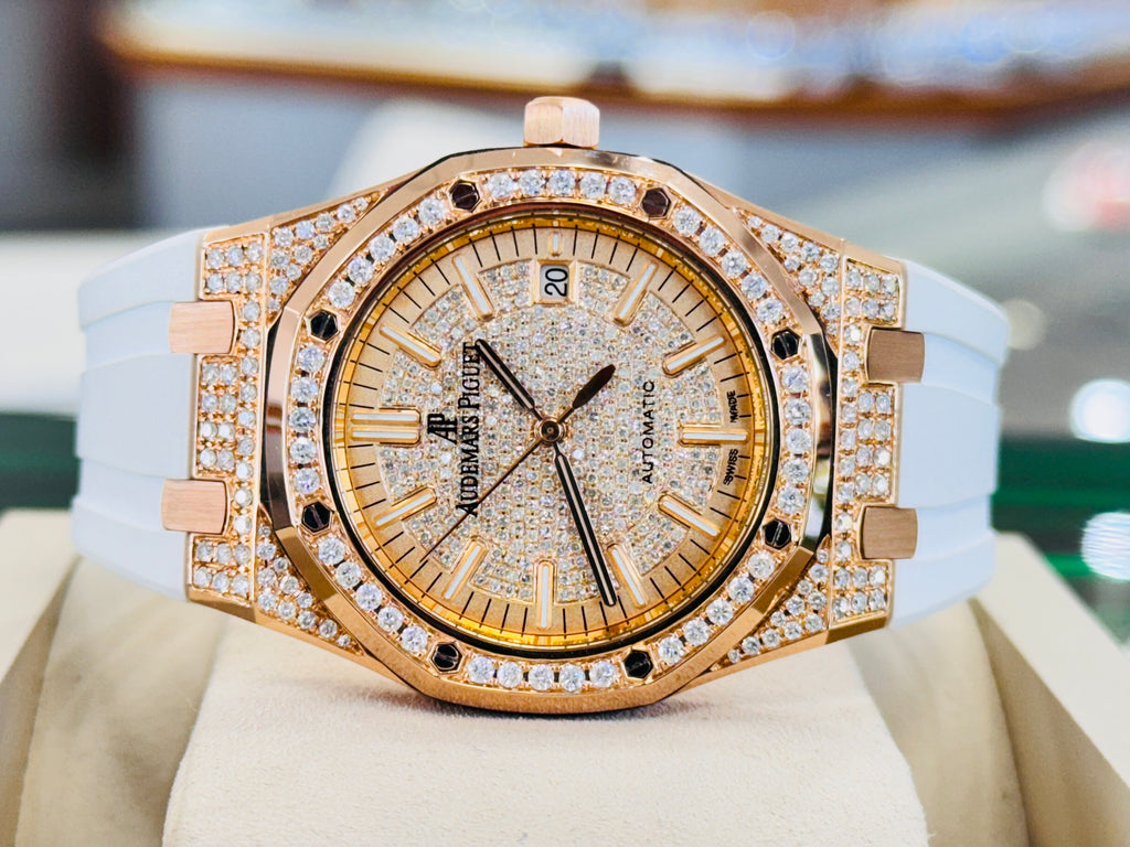 Audemars Piguet Royal Oak 18K Rose Gold Selfwinding 15300OR  Custom Diamond Bezel and Custom Diamond Lug Set MINT - Diamonds East Intl.