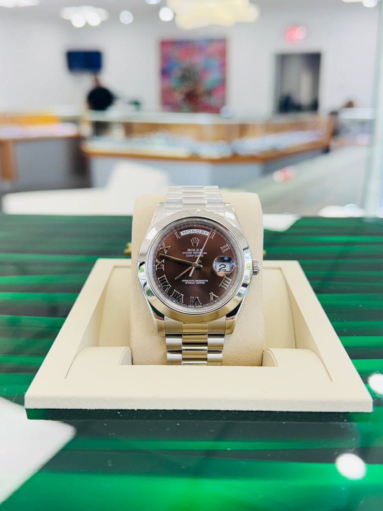 Rolex Day-Date II 41 218206  Platinum Brown Roman Dial   Box And Papers PreOwned - Diamonds East Intl.