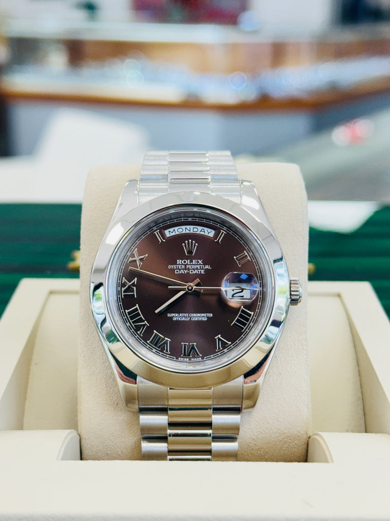 Rolex Day-Date II 41 218206  Platinum Brown Roman Dial   Box And Papers PreOwned - Diamonds East Intl.
