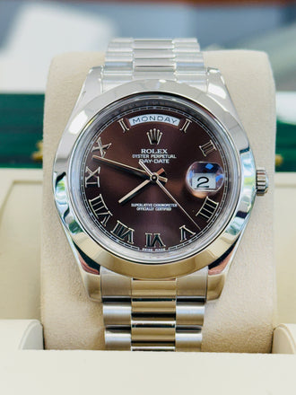 Rolex Day-Date II 41 218206  Platinum Brown Roman Dial   Box And Papers PreOwned - Diamonds East Intl.
