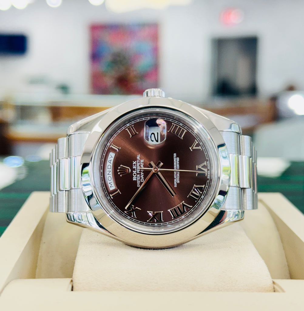 Rolex Day-Date II 41 218206  Platinum Brown Roman Dial   Box And Papers PreOwned - Diamonds East Intl.