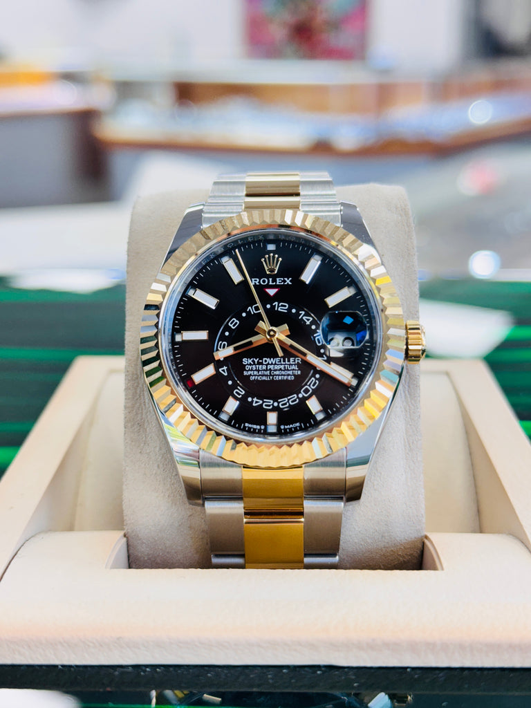 Rolex Sky-Dweller 336933 Black Dial 18K Yellow Gold & Stainless Steel Oyster   Unworn Box and Papers - Diamonds East Intl.