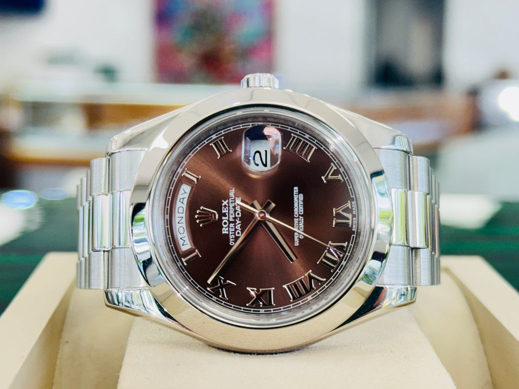 Rolex Day-Date II 41 218206  Platinum Brown Roman Dial   Box And Papers PreOwned - Diamonds East Intl.
