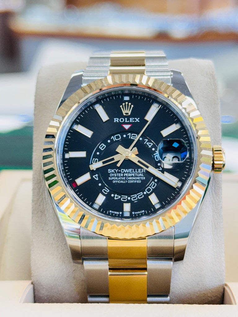 Rolex Sky-Dweller 336933 Black Dial 18K Yellow Gold & Stainless Steel Oyster   Unworn Box and Papers - Diamonds East Intl.