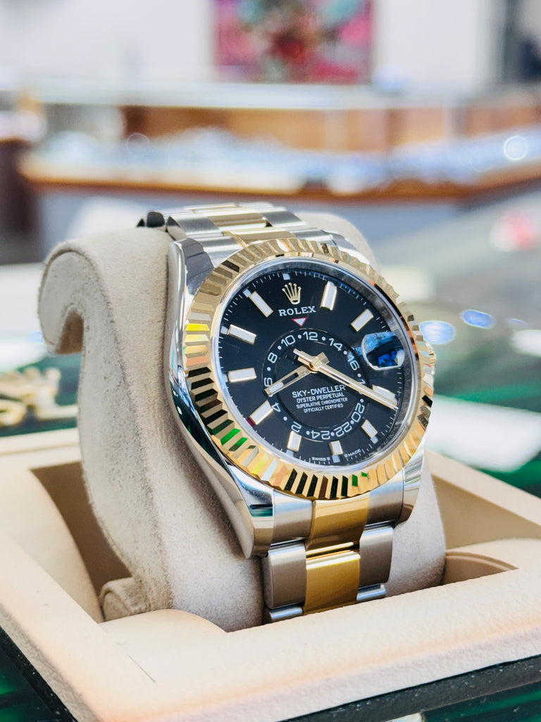 Rolex Sky-Dweller 336933 Black Dial 18K Yellow Gold & Stainless Steel Oyster   Unworn Box and Papers - Diamonds East Intl.