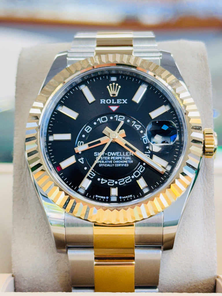 Rolex Sky-Dweller 336933 Black Dial 18K Yellow Gold & Stainless Steel Oyster   Unworn Box and Papers - Diamonds East Intl.