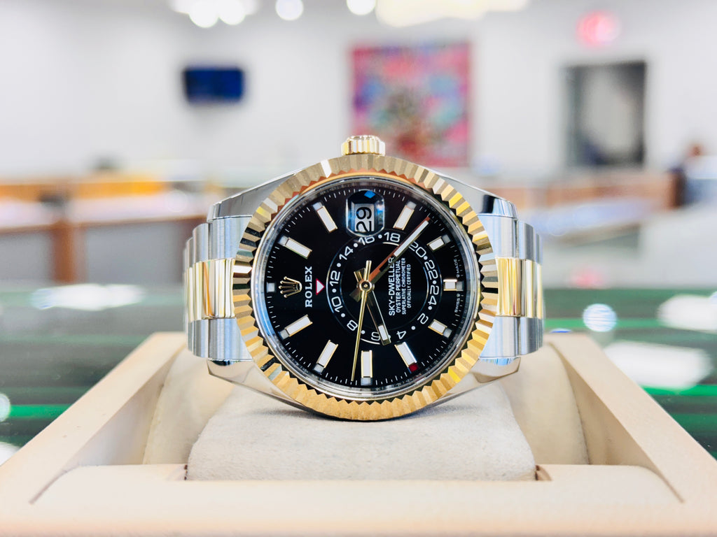 Rolex Sky-Dweller 336933 Black Dial 18K Yellow Gold & Stainless Steel Oyster   Unworn Box and Papers - Diamonds East Intl.