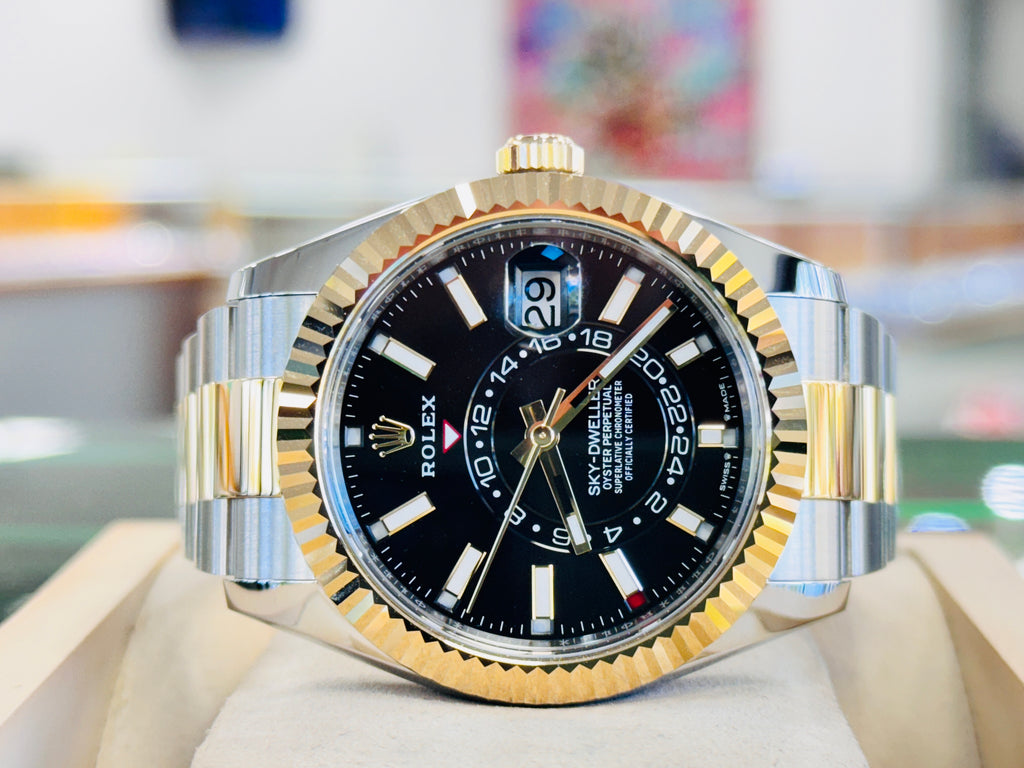 Rolex Sky-Dweller 336933 Black Dial 18K Yellow Gold & Stainless Steel Oyster   Unworn Box and Papers - Diamonds East Intl.