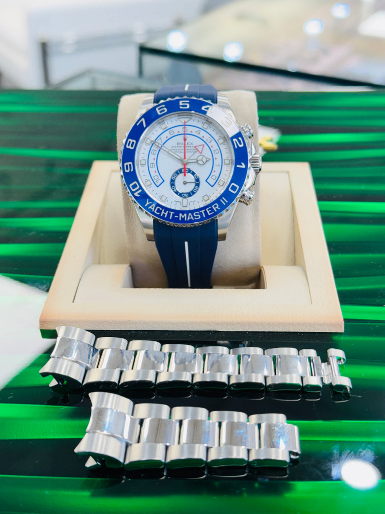 Rolex Yacht-Master II 116680 Stainless Steel White Dial Mercedes Hands Blue Ceramic Bezel Regatta Timer  Box and Papers PreOwned  NEW Rubber B Band