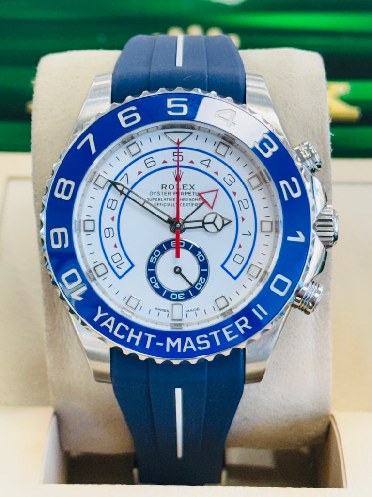 Rolex Yacht-Master II 116680 Stainless Steel White Dial Mercedes Hands Blue Ceramic Bezel Regatta Timer  Box and Papers PreOwned  NEW Rubber B Band