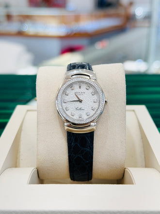 Rolex Cellini 26mm 6671 Quartz  Factory White Diamond Jubilee Dial  18k White Gold Black Leather Band PreOwned - Diamonds East Intl.