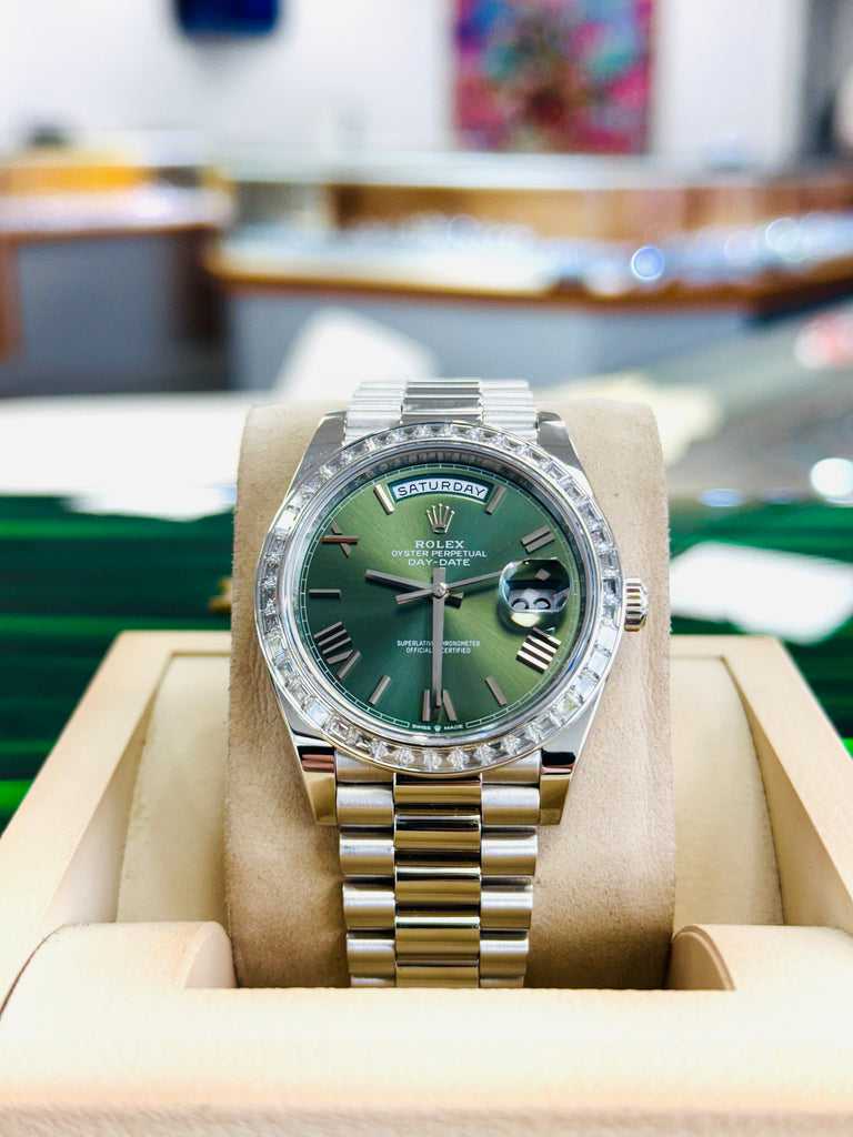 Rolex Day-Date 40mm 228396TBR Factory Baguette Bezel Factory Green Roman Olive Dial MINT