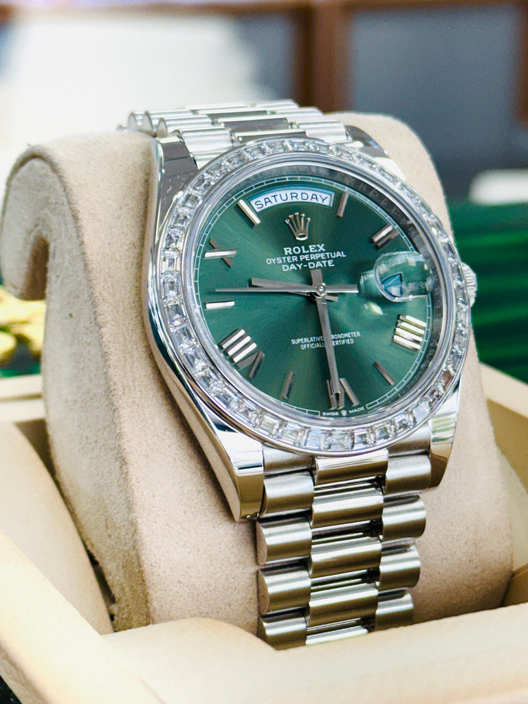 Rolex Day-Date 40mm 228396TBR Factory Baguette Bezel Factory Green Roman Olive Dial MINT