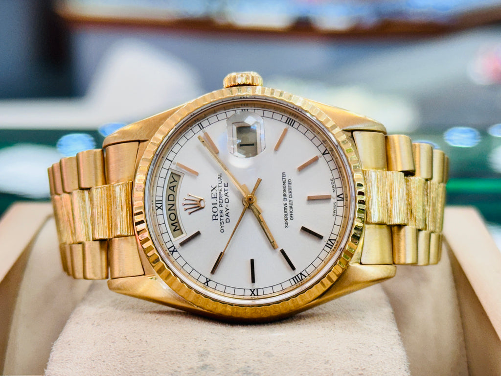 Rolex Day-Date 36 18248 President Yellow Gold Factory Bark Finish Watch PreOwned - Diamonds East Intl.