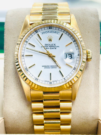 Rolex Day-Date 36 18238 Double Quick Set Yellow Gold White Stick Dial MINT