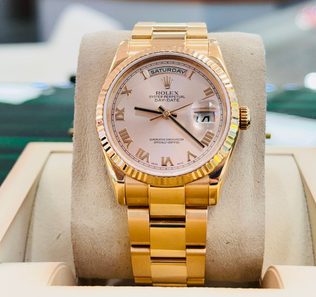 Rolex Day Date 36 118235 18K Rose Gold Sunburst Roman Dial Oyster Band BOX PAPERS Diamonds East Intl