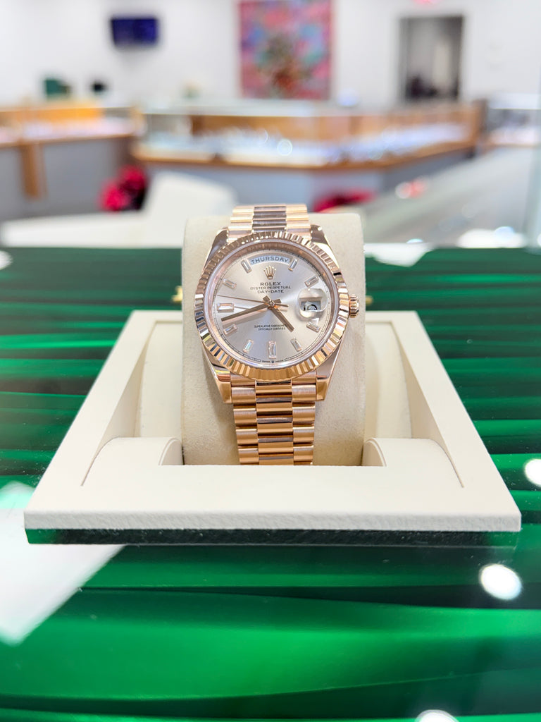 Rolex Day-Date 40 228235 Factory Sundust Baguette Diamond Dial Box and Papers PreOwned - Diamonds East Intl.