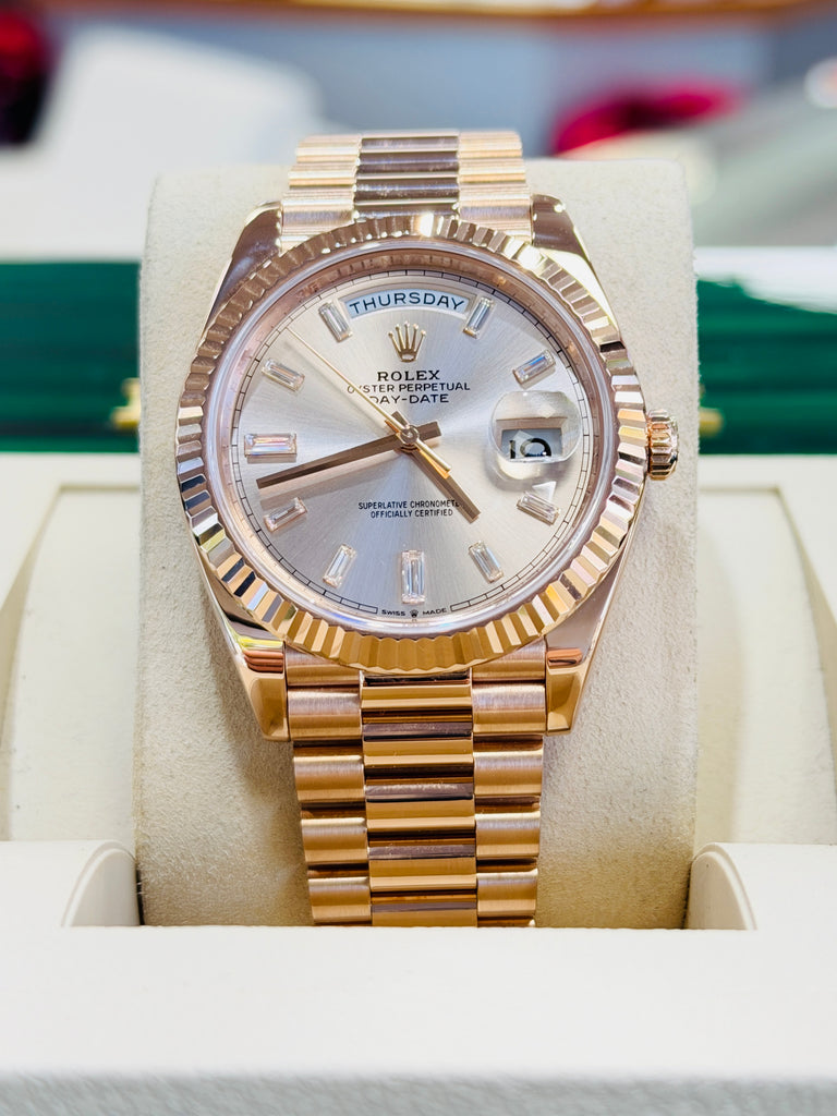 Rolex Day-Date 40 228235 Factory Sundust Baguette Diamond Dial Box and Papers PreOwned - Diamonds East Intl.