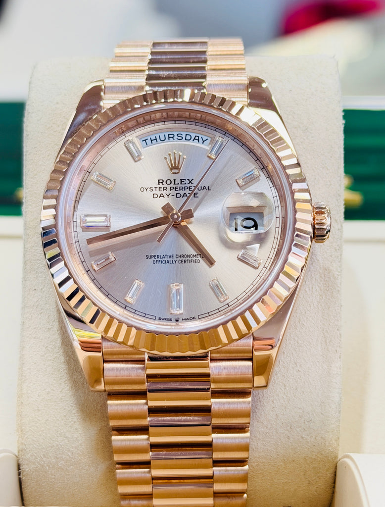 Rolex Day-Date 40 228235 Factory Sundust Baguette Diamond Dial Box and Papers PreOwned - Diamonds East Intl.