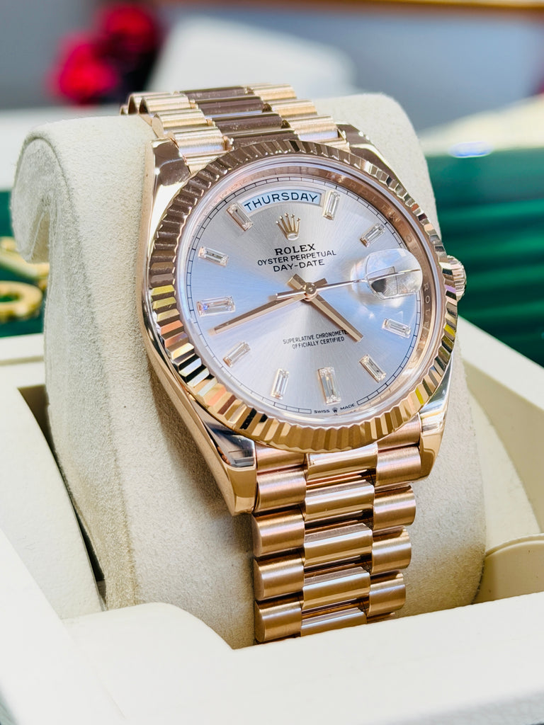 Rolex Day-Date 40 228235 Factory Sundust Baguette Diamond Dial Box and Papers PreOwned - Diamonds East Intl.