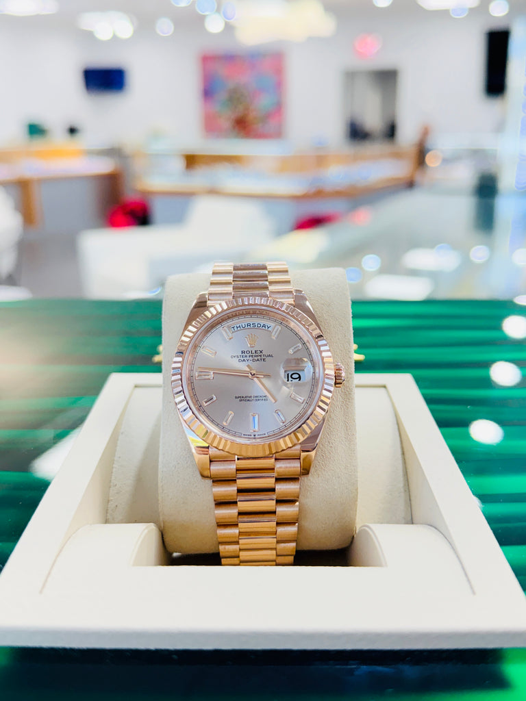 Rolex Day-Date 40 228235 Factory Sundust Baguette Diamond Dial Box and Papers PreOwned - Diamonds East Intl.