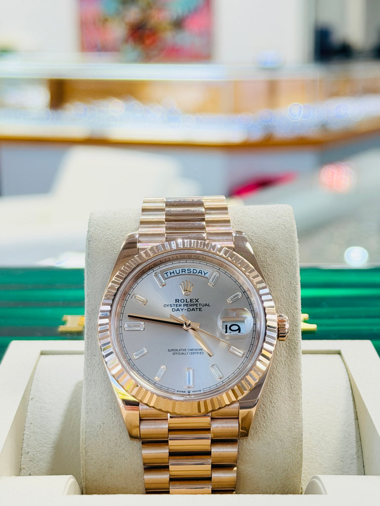 Rolex Day-Date 40 228235 Factory Sundust Baguette Diamond Dial Box and Papers PreOwned - Diamonds East Intl.