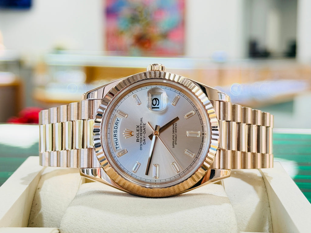 Rolex Day-Date 40 228235 Factory Sundust Baguette Diamond Dial Box and Papers PreOwned - Diamonds East Intl.