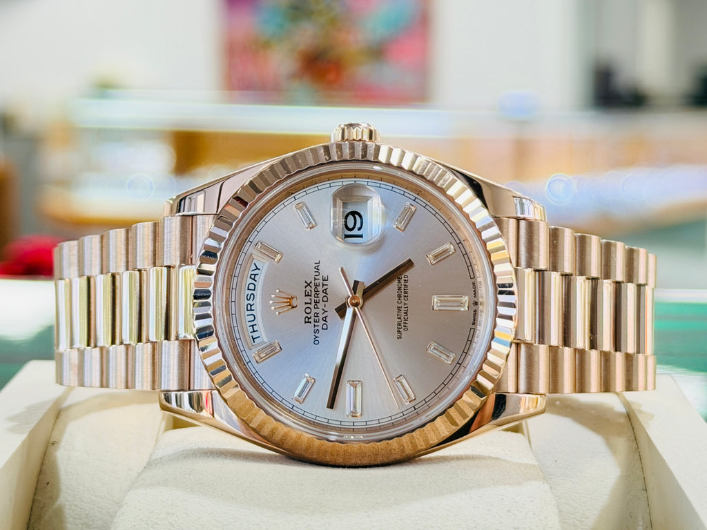 Rolex Day-Date 40 228235 Factory Sundust Baguette Diamond Dial Box and Papers PreOwned - Diamonds East Intl.