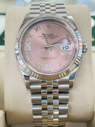 Rolex Datejust 36 126234 Factory Pink Roman Diamond 6 9 Dial Stainless Steel Jubilee Bracelet Box and Papers MINT