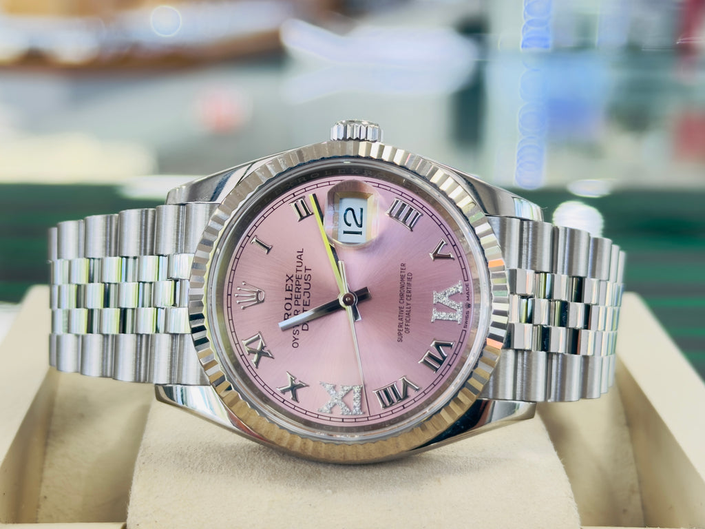 Rolex Datejust 36 126234 Factory Pink Roman Diamond 6 9 Dial Stainless Steel Jubilee Bracelet Box and Papers MINT