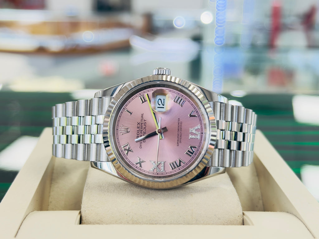 Rolex Datejust 36 126234 Factory Pink Roman Diamond 6 9 Dial Stainless Steel Jubilee Bracelet Box and Papers MINT