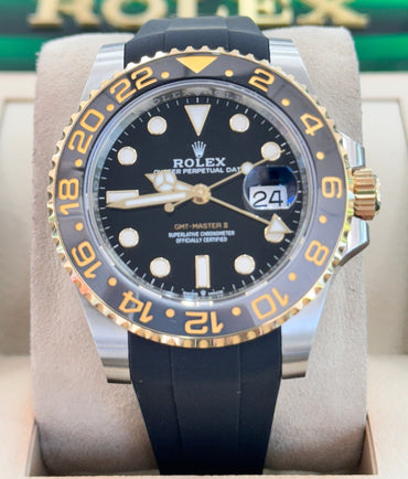 Rolex GMT-Master II 126713GRNR Two-Tone Yellow Gold Steel Black Dial Unworn Box and Papers Rubberb