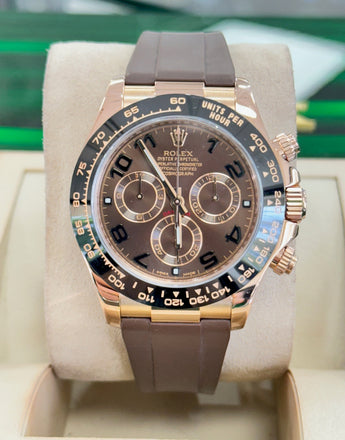 Rolex Daytona 116515 Rose Gold Chocolate Arabic Dial Custom Rubberb Band Box and Papers PreOwned - Diamonds East Intl.