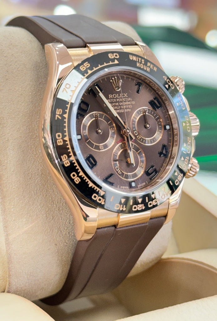 Rolex Daytona 116515 Rose Gold Chocolate Arabic Dial Custom Rubberb Band Box and Papers PreOwned - Diamonds East Intl.