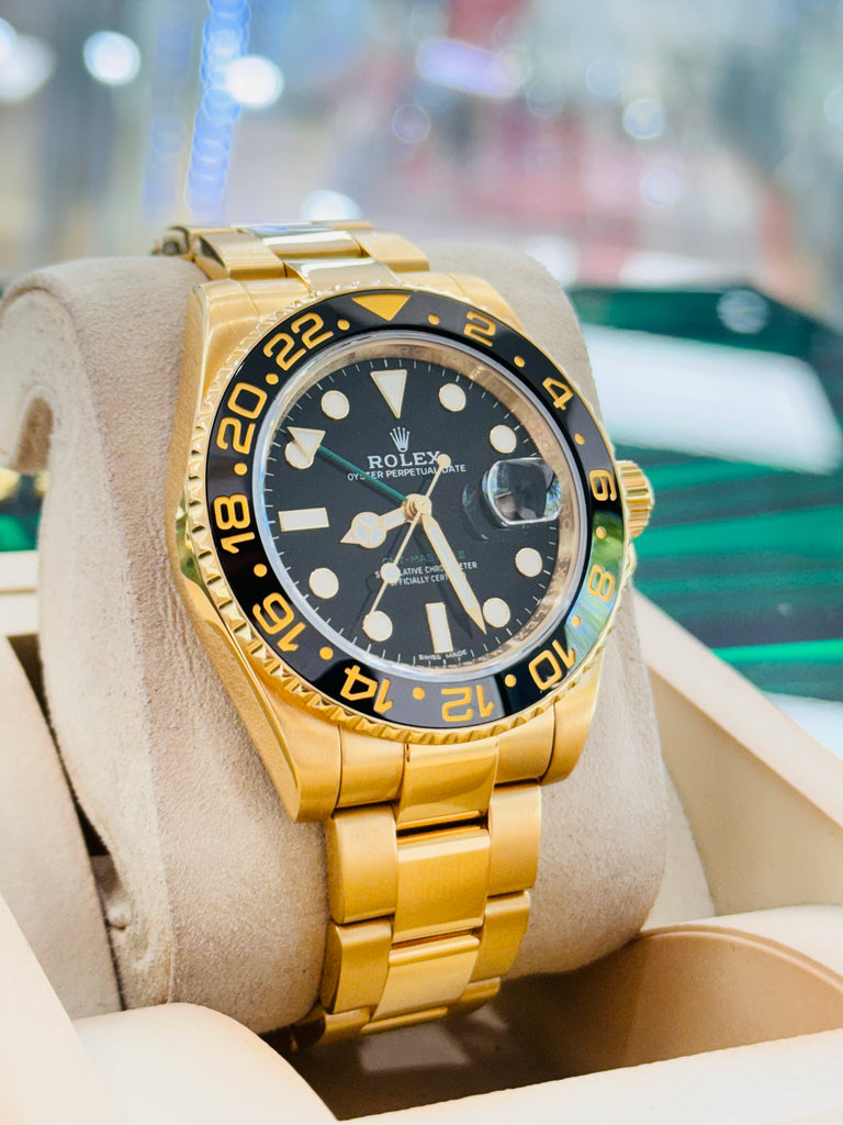 Rolex GMT Master II 116718LN Black Dial 18k Yellow Gold Oyster Band Rubber B Box Service Card Diamonds East Intl