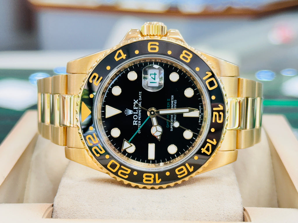 Rolex GMT-Master II 116718LN Black Dial 18k Yellow Gold Oyster Band + Rubber B Box/Service Card