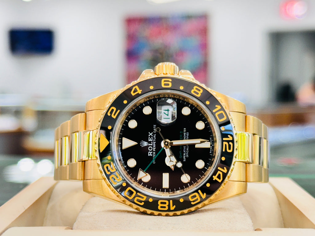 Rolex GMT-Master II 116718LN Black Dial 18k Yellow Gold Oyster Band + Rubber B Box/Service Card