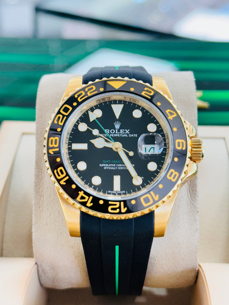 Rolex GMT-Master II 116718LN Black Dial 18k Yellow Gold Oyster Band + Rubber B Box/Service Card 