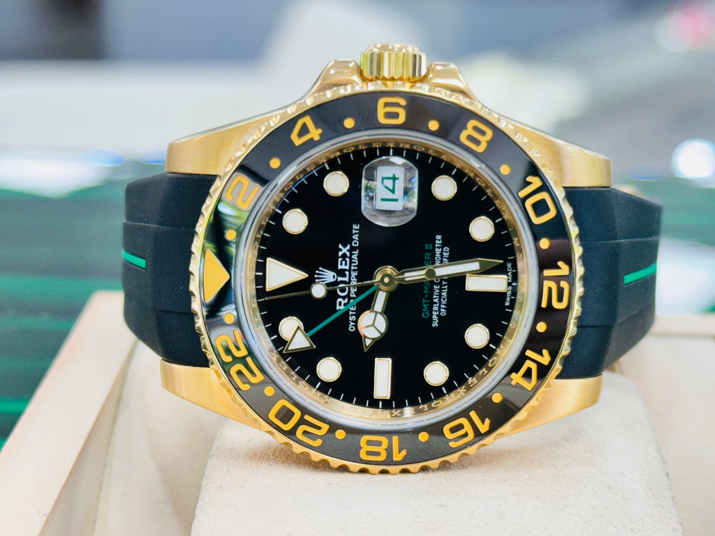 Rolex GMT-Master II 116718LN Black Dial 18k Yellow Gold Oyster Band + Rubber B Box/Service Card 