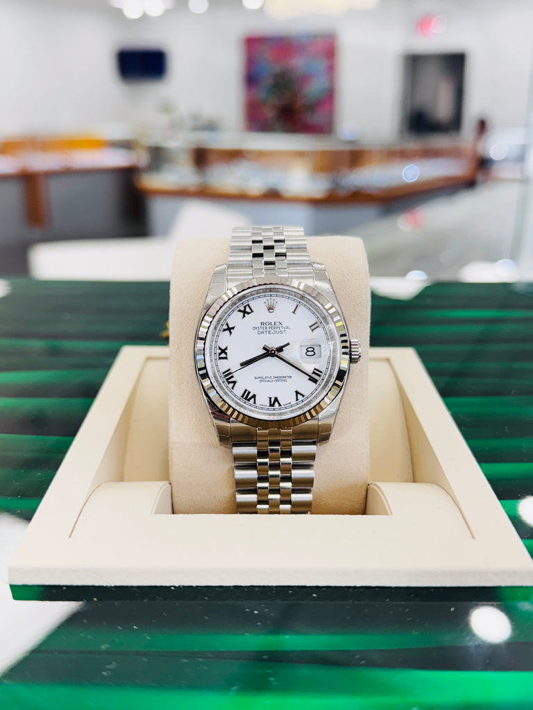 Rolex Datejust 36 116234 Steel White Roman Dial Super Jubilee Box and Papers Unworn FULLY STICKRED! - Diamonds East Intl.