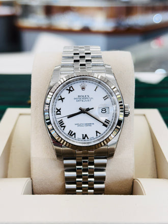 Rolex Datejust 36 116234 Steel White Roman Dial Super Jubilee Box and Papers Unworn FULLY STICKRED! - Diamonds East Intl.