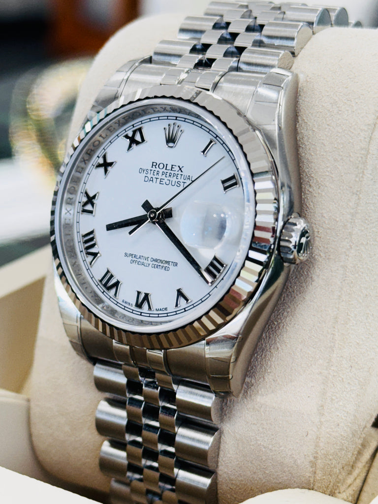 Rolex Datejust 36 116234 Steel White Roman Dial Super Jubilee Box and Papers Unworn FULLY STICKRED! - Diamonds East Intl.