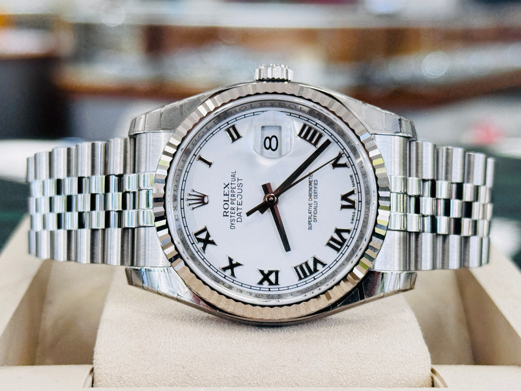 Rolex Datejust 36 116234 Steel White Roman Dial Super Jubilee Box and Papers Unworn FULLY STICKRED! - Diamonds East Intl.
