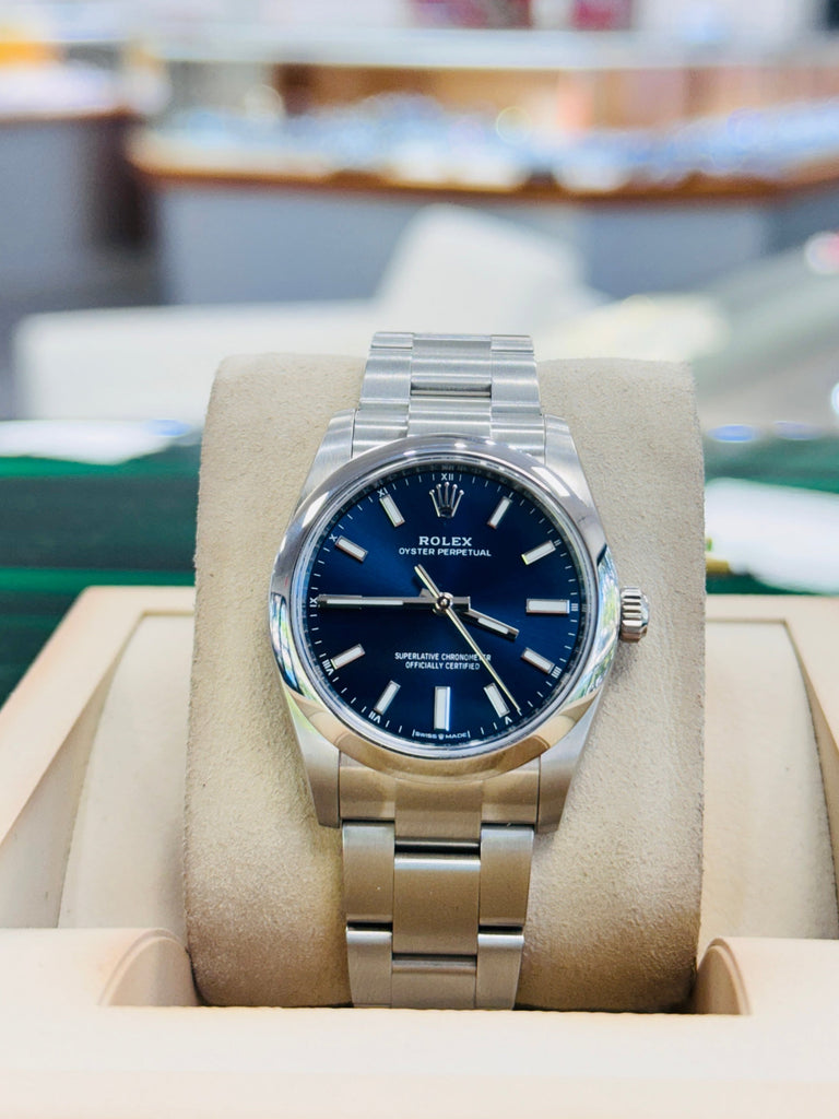 Rolex Oyster Perpetual 34mm 124200 Blue Index Dial Oyster Bracelet Box and Papers MINT