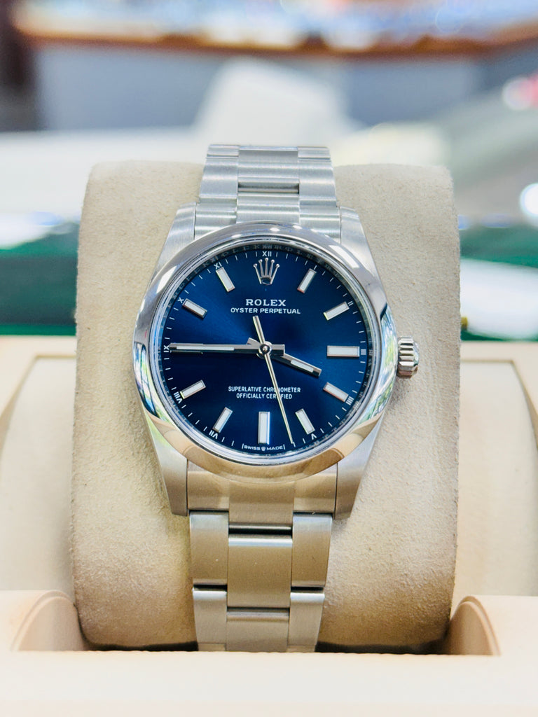 Rolex Oyster Perpetual 34mm 124200 Blue Index Dial Oyster Bracelet Box and Papers MINT