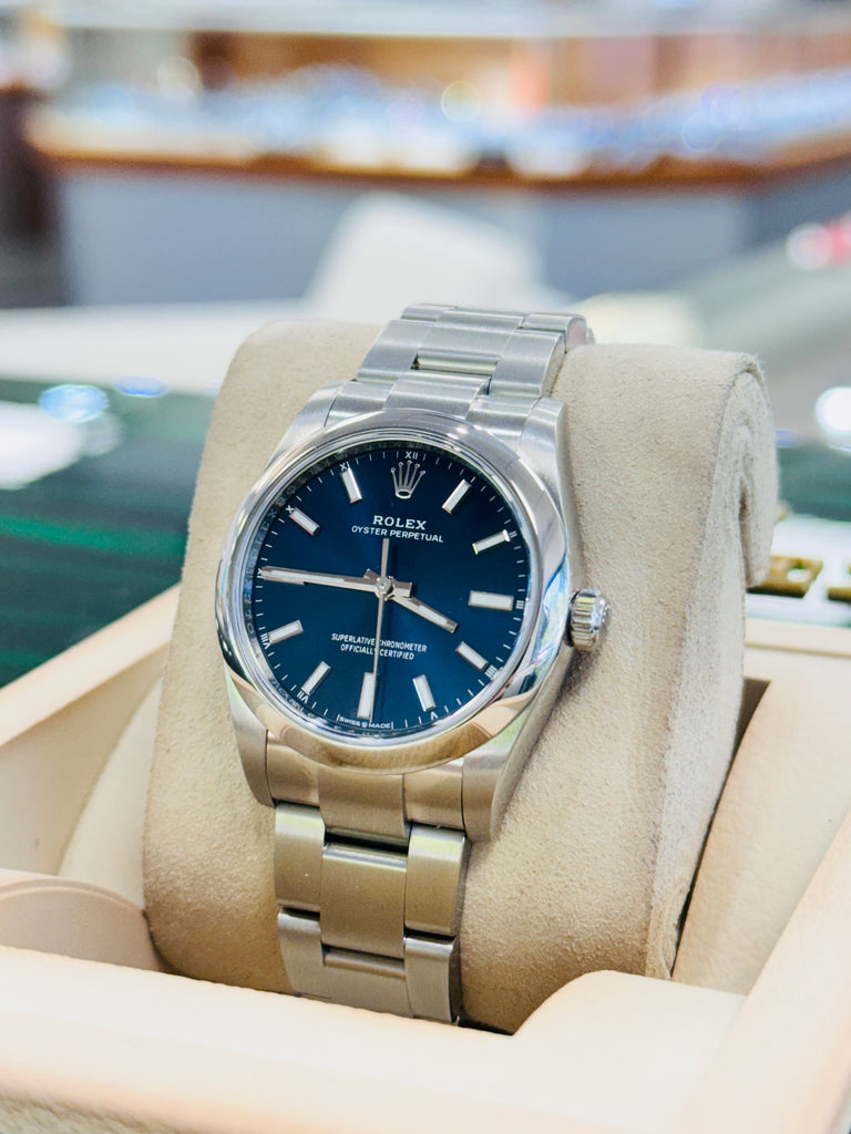 Rolex Oyster Perpetual 34mm 124200 Blue Index Dial Oyster Bracelet Box and Papers MINT