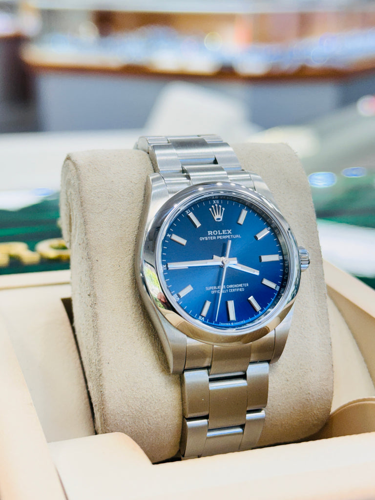 Rolex Oyster Perpetual 34mm 124200 Blue Index Dial Oyster Bracelet Box and Papers MINT