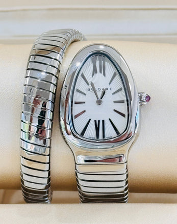 Bulgari Serpenti 101817 Tubogas 35mm Stainless Steel Silver Dial Box and Papers UNWORN
